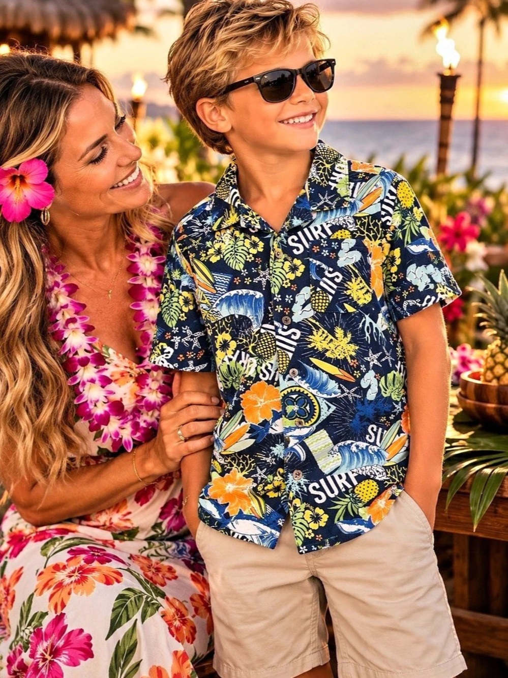 Lands' End Boys Surf 🏄🏼♂️ Print Aloha 🌺 Shirt Blue Sea 🌊 & Orange 🍊 Size Medium